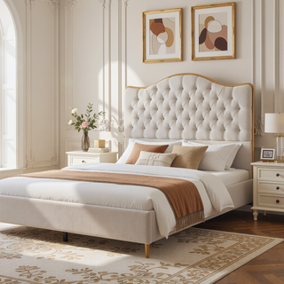 Sunvega Upholstered Queen Bed Frame with Tufted Headboard and Curved Design