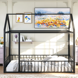 Sunvega Full Size Playhouse Metal Bed Frame with Fence for Kids and Teens