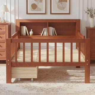 Sunvega Twin Size Bed with Headboard Storage, Two Under-Bed Drawers, and Three-Side Guardrails