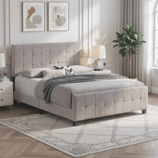 Sunvega Destiny Beige Upholstered Eastern King Panel Bed with Headboard and Footboard