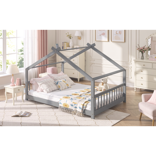 Sunvega Full Size Playhouse Wood Bed with Roof for Kids Room Fun Sleeping Space