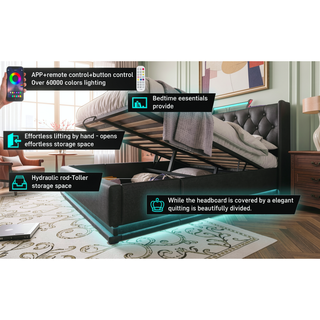 Sunvega Full Size Upholstered Bed with 360 LED Lighting Hydraulic Storage and USB Charging