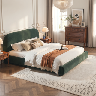 Sunvega Cream Upholstered Bed with Curved Headboard and Granular Fabric