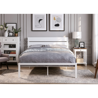 Sunvega White Metal Frame Queen Bed with MDF Headboard for Bedroom