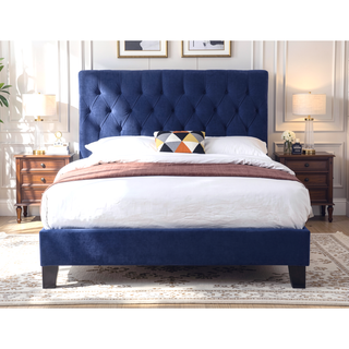 Sunvega Navy Blue Queen Upholstered Bed with Transitional Style for Bedroom