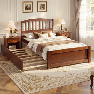 Sunvega Twin Size Gray Wood Platform Bed Frame with Trundle for Maximized Space