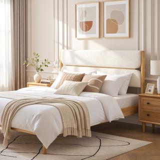 Sunvega King Size Solid Wood Bed Frame With Fleece Upholstered Headboard