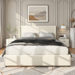 Sunvega Ivory Velvet Upholstered Wingback Queen Platform Bed with 2 Storage Drawers