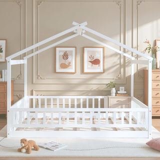 Sunvega Full Size House Bed Frame with Playhouse Fence and Roof for Kids