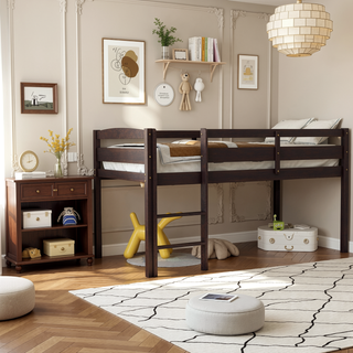 Sunvega Low Twin Wood Loft Bed with Ladder in Walnut for Kids Bedroom