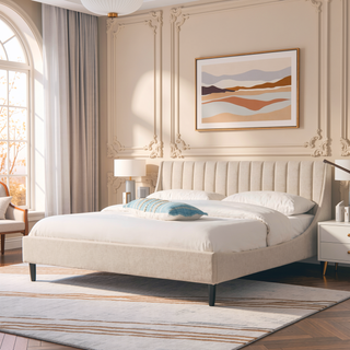 Sunvega Handmade Vertical Tufted Headboard Platform Bed Set in Light Beige Linen