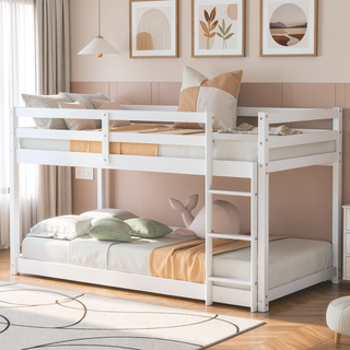 Sunvega Twin over Twin Floor Low Bunk Bed with Ladder for Kids Bedroom