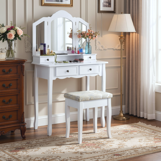 Sunvega Rose Gold Vanity Makeup Table Set with Mirror and Upholstered Bench
