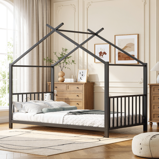 Sunvega Adorable Pink Twin Size Metal House Platform Bed Frame for Kids