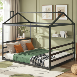 Sunvega Black Metal House Shape Platform Bed Frame with Slats for Queen Size