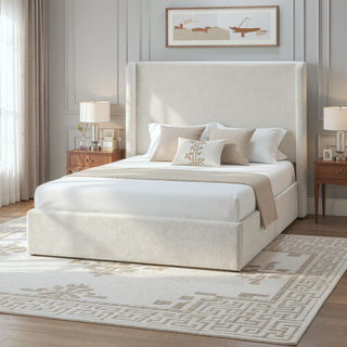 Sunvega Minimalist Upholstered Wingback Bed Frame with 54 Inch Headboard in Textured Ivory Canvas Chenille
