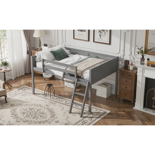 Sunvega White Full Size Low Loft Wood Bed with Convertible Left or Right Ladder