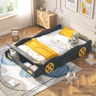 Sunvega Twin Size Race Car Bed with Wheels Storage and Sturdy Wood Construction