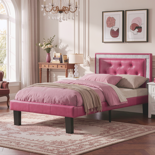 Sunvega Pink Faux Leather Upholstered Full Size Bed with Tufted Headboard