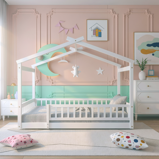 Sunvega Full Size House Bed Frame with Playhouse Fence and Roof for Kids