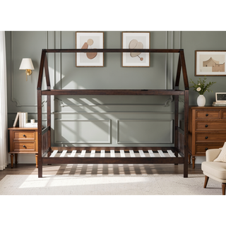 Sunvega Twin Rubber Wood House Bed with Headboard and Footboard in Light Grey
