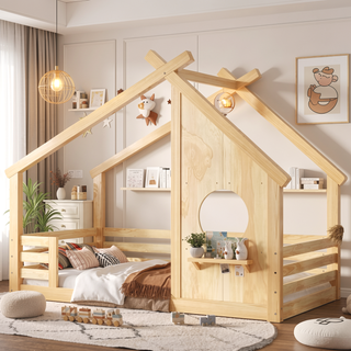 Sunvega White Twin House Floor Bed with Window and Shelf for Kids Room