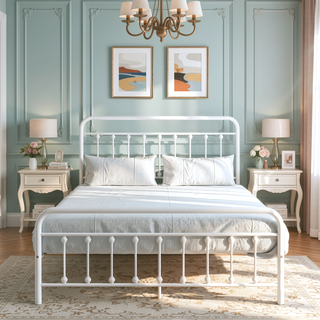 Sunvega Victorian Style Queen Size Metal Platform Bed Frame with Headboard and Under Bed Storage