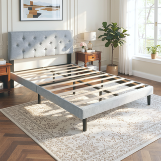 Sunvega Modern Upholstered Platform Bed Frame with Button Tufted Linen Headboard