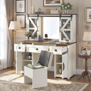 Sunvega Makeup Vanity with Sliding Mirror, LED Lights, Storage Stool, and Charging Station