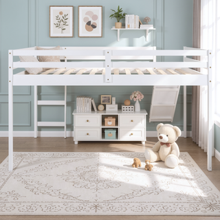 Sunvega Elegant White Full Size Wood Loft Bed with Slide and Ladder