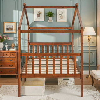 Sunvega Twin Size Wooden House Bed with Drawers and Headboard for Kids Room