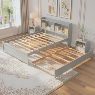 Sunvega White Twin Trundle Bed with Storage Headboard and Bookcase