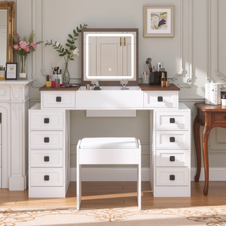 Sunvega Dimmable LED Vanity Desk with Flip Up Mirror and 10 Drawers