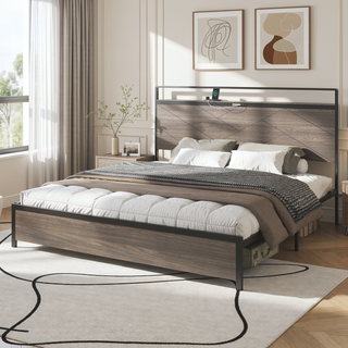 Sunvega Modern Wood and Metal Platform Bed Frame with LED Headboard USB Charging