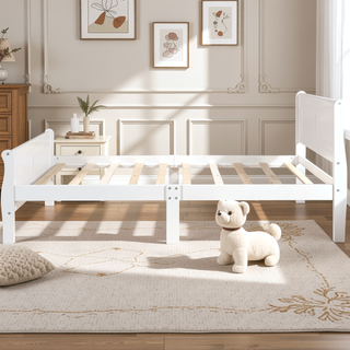 Sunvega Classic White Oak Queen Platform Bed with Headboard and Wood Slat Support