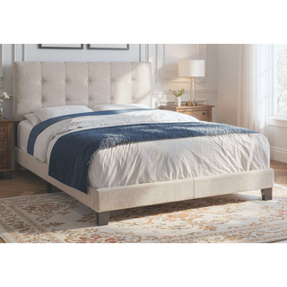 Sunvega Low Profile Queen Upholstered Bed Frame with Tufted Headboard and Black Legs