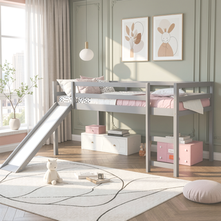 Sunvega Twin Size Wood Loft Bed with Slide Ladder and Guard Rails for Safety