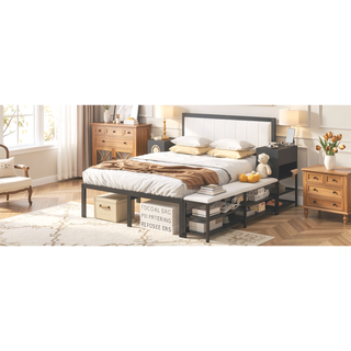 Sunvega Full Size Metal Platform Bed with Two Tier Storage Shelves and Wooden Cabinet