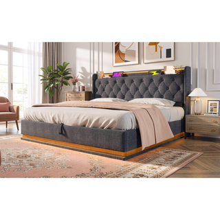 Sunvega Full Size Upholstered Bed with 360 LED Lighting Hydraulic Storage and USB Charging
