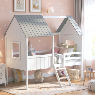 Sunvega Twin Size Low Loft Wood House Bed with Two Side Windows in White and Gray