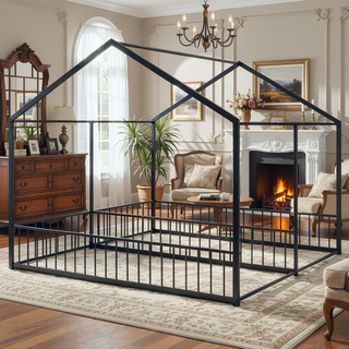 Sunvega Sturdy Metal Twin Size House Platform Beds with Guardrails