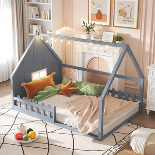 Sunvega Full Size Wood House Bed with Fence Window and LED Lights