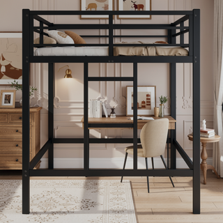 Sunvega Twin Size Metal Loft Bed with Storage Shelf and Safety Guardrails for Kids