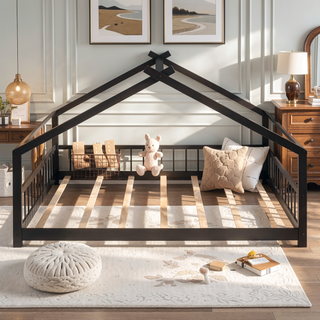 Sunvega Full Size Playhouse Design Wood Bed with Roof for Kids Room