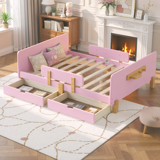 Sunvega Twin Size Solid Wood Platform Bed with Storage Drawers and Guardrail