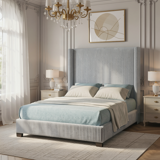 Sunvega Queen Upholstered Pleated Bed in a Box with Sturdy Dark Brown Frame