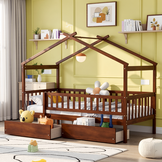 Sunvega Twin Size Wooden House Bed with Two Drawers and Headboard in White