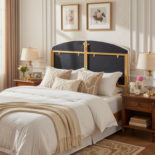 Sunvega Gold Steel and Cream Velvet Upholstered Queen Headboard with Tufting