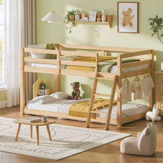 Sunvega Solid Wood Low Loft Bed with LED Lighting Converts to Twin Bunk Bed
