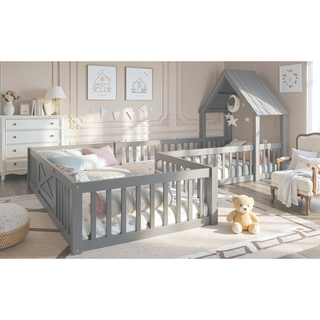Sunvega Full Size House Floor Bed with Door and Full-Length Guardrails for Kids